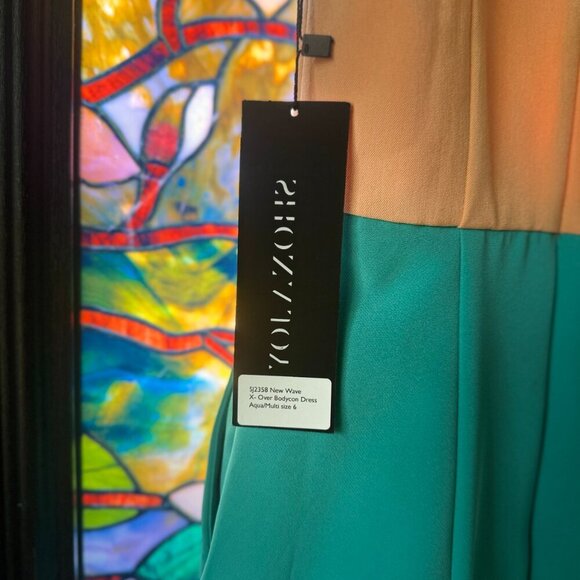 NWT Shona Joy New Wave X- Over Bodycon Dress Aqua/Multi - AUS 6/US 2 - Picture 3 of 7